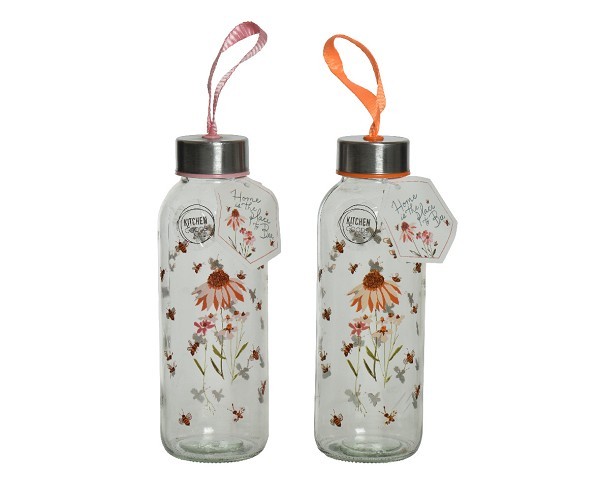 Decoris Waterfles glas met bloemenprint dia 6,4 cm  H19cm