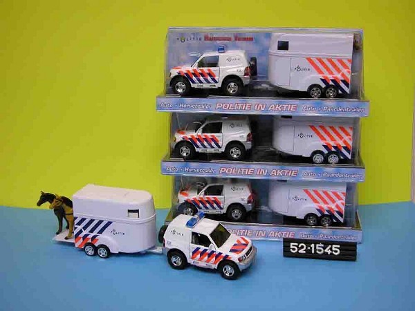 Die cast pull back politie auto met paardentrailer