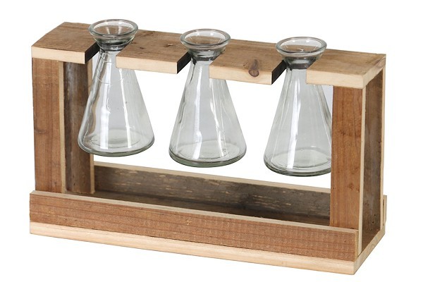 Dijk Natural Collections Vaasjes 3 stuks  in houten houder 29.5x7.5x17cm glas en hout