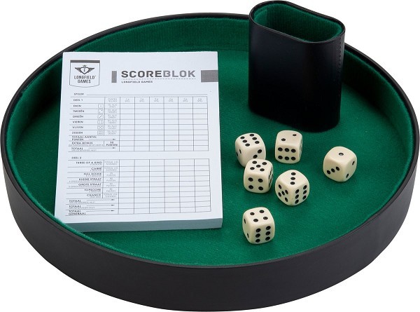 Dobbelset compleet met 6 dobbelstenen, pokerpiste, scoreblok, dobbelbeker