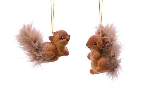 Eekhoorn hangornament van kunststof flock bruin, set a 2 stuks