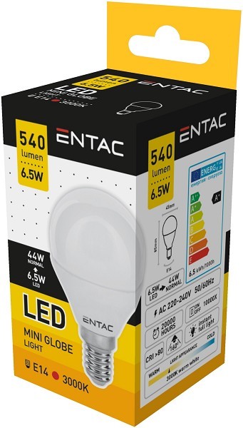 Entac LED lampen E14 540lm 6,5W 3000K mini globe