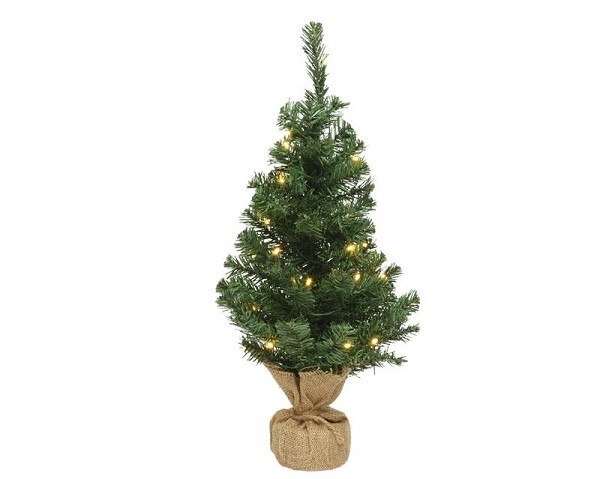 Everlands Imperial pine mini kunstkerstboom 60cm met 20 lampen warm wit LED verlichting in jute zak. Werkt op 3 x AA batterijen