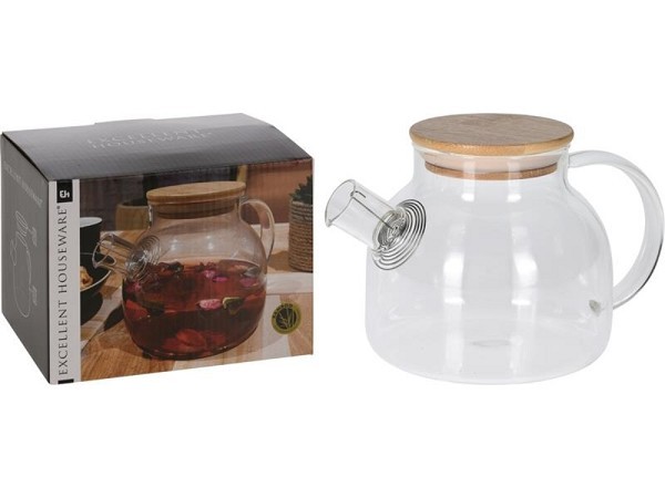 Excellent Houseware Theepot Borosilcaat Glas met bamboo deksel en teezeef 1 liter