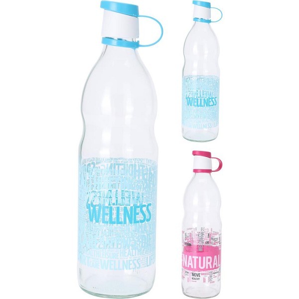 Fles glas 1l met tekst in roze of blauw