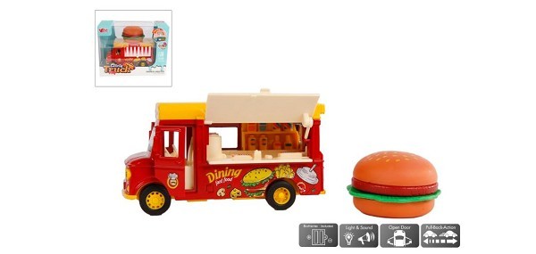 Foodtruck hamburger die cast pull back licht en geluid met magnetic induction 11cm