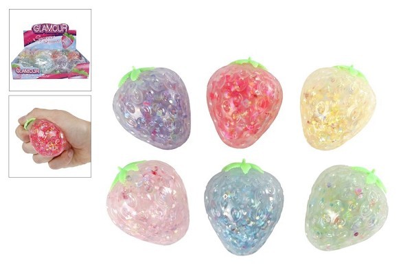 Glitter aardbei knijpbal 6cm 4ass