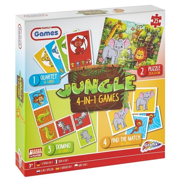 Grafix 4-in-1 Spel Jungle kwartet, domino, memory en puzzel