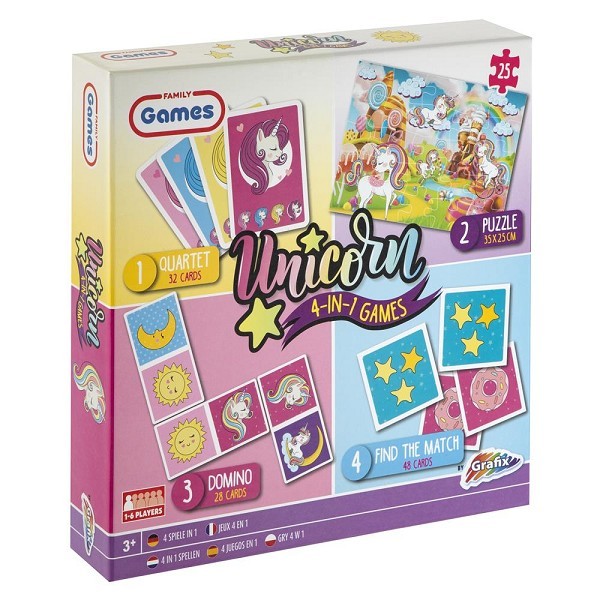 Grafix 4-in-1 spel Unicorn kwartet, domino, memory en puzzel