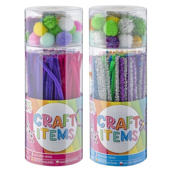 Grafix Knutselmateriaal in koker 23,5x9cm met 150 chenille staafjes, 30 pompoms en 30 oogjes.