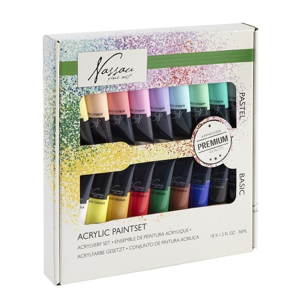 Grafix Nassau Fine Art Acrylverf set 18 x 36 ml
· Bevat 18 levendige kleuren in handige tubes van 36 ml

· Set acrylverf voor ku