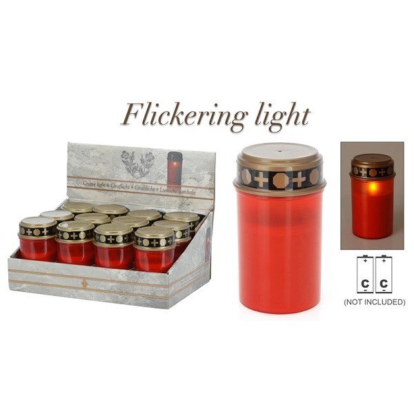 Grafkaars herdenkingslicht LED Ø7x12cm kunststof rood exclusief batterijen (2x LR14)