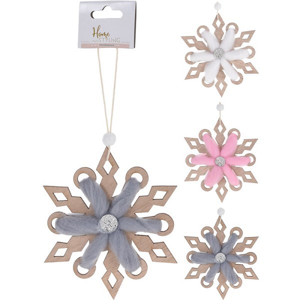 Hangdeco Sneeuwvlok  dia13cm van hout en wol