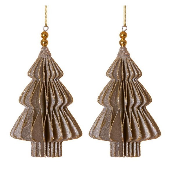 Hangdecoratie kerstboom papier-karton 13cm grijs goud set a 2 stuks