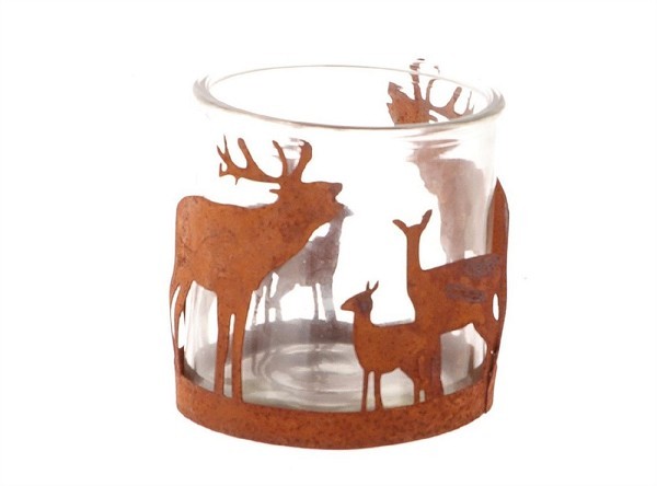 HBX natural living Theelichthouder Forest deer met herten metaal met glas Ø8xh8cm roest