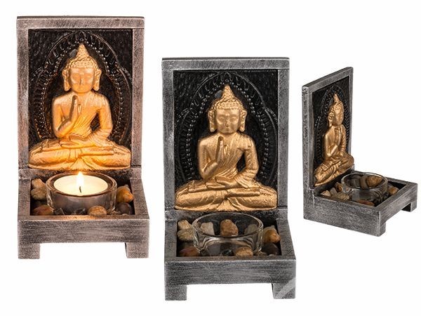 Houten theelichthouder Buddha met decosteentjes 15x9cm