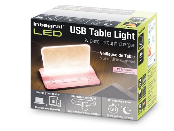 Integral LED USB tafellamp roze dimbaar + oplaadfunctie voor telefoon