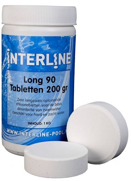 Interline chloortabletten GROOT a 200g  Long-90 verpakt in pot van 1Kg