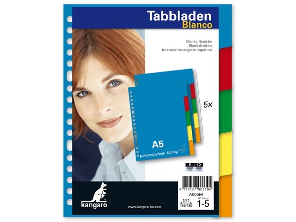 Kangaro Tabblad  A5 blanco PP 120 micron assorti 17-gaats 5-delig kunststof