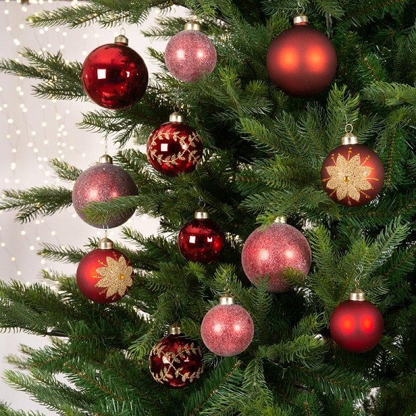 Kerstballenset glas assorti maten en decoratie  box a 12stuks rood