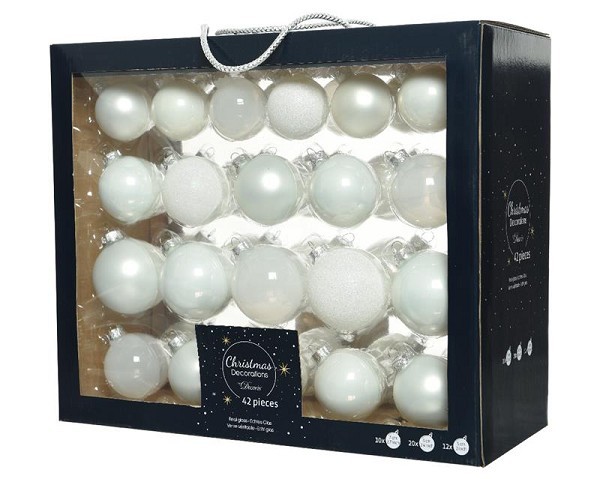 Kerstballenset van glas winter wit  box a 42 stuks