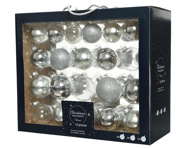 Kerstballenset van glas zilver box a 42 stuks