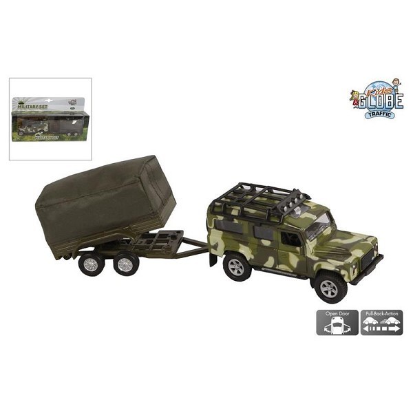 Kids Globe Land Rover met aanhanger military die cast pb 27cm