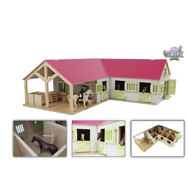 Kids Globe paardenhoekstal met 3 boxen en berging 1:24 68x77x27cm roze (exclusief accessoires)