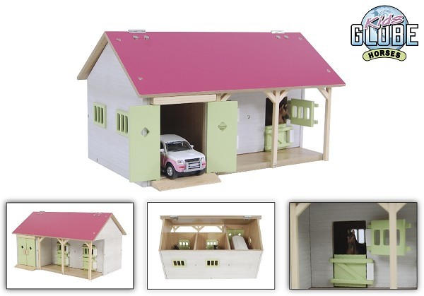 Kids Globe paardenstal met 2 boxen en berging 1:32 34x22x19cm roze (exclusief accessoires)