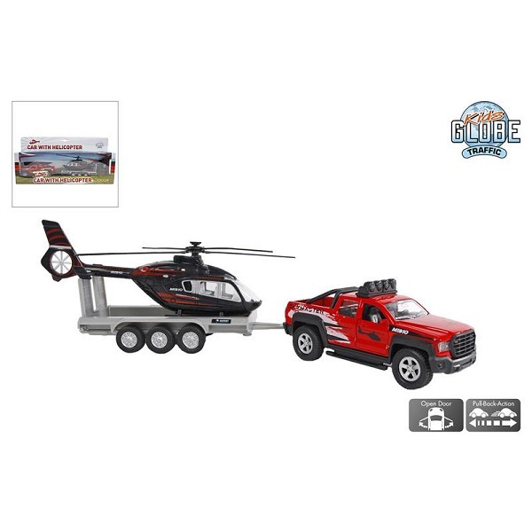 Kids Globe terreinwagen met trailer met helikopter 35cm