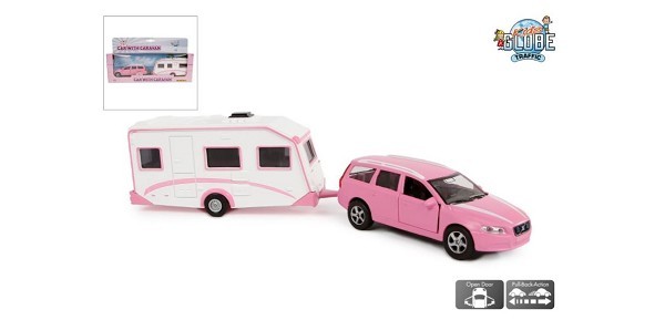 Kids Globe Volvo V70 met caravan rose die cast 30 cm pull-back action