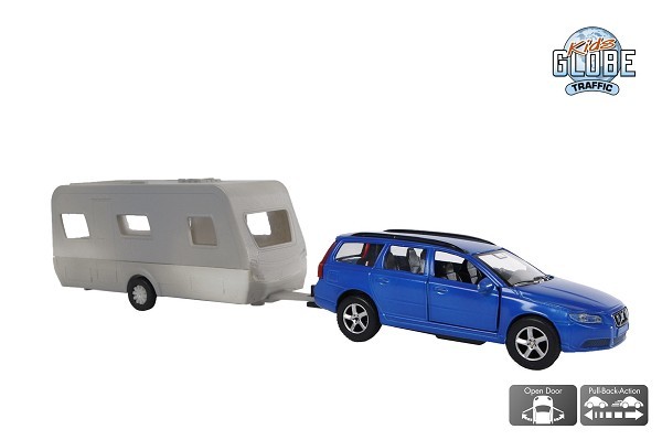 Kids Globe Volvo V70 met Dethleffs caravan die cast pull back 30cm