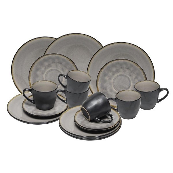 Koffieset Kos reactive glaze grey 18-delig  6 kop en schotels en 6 gebaksbordjes