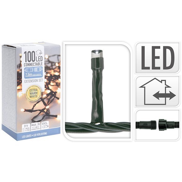 Koppelverlichting 7,5 meter met 100 LED lampen extra warmwit VERLENGSET 31V (exclusief 31V startsnoer, zie 114149)