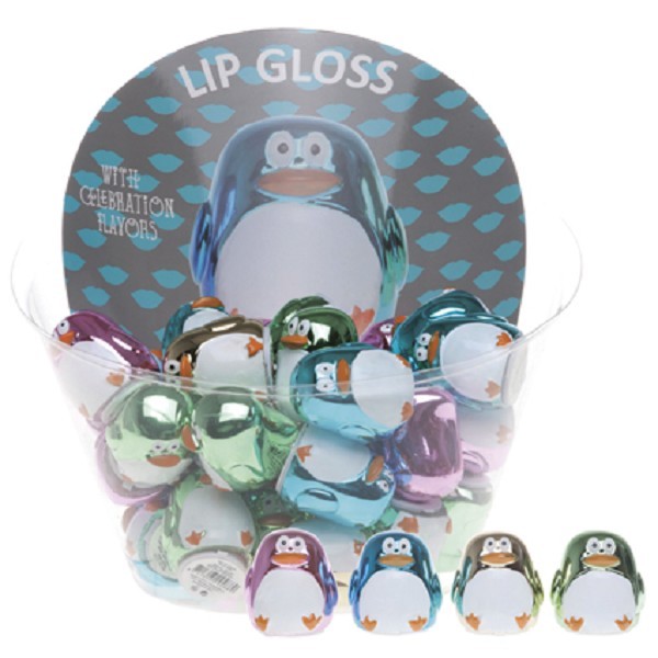 Lipgloss in de vorm van een pinguin in 4 verschillende metallic kleuren