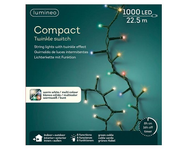 Lumineo LED compact lights twinkel 1000L 2250cm colour changing. 8 functie twinkel effect en 8 uur timer