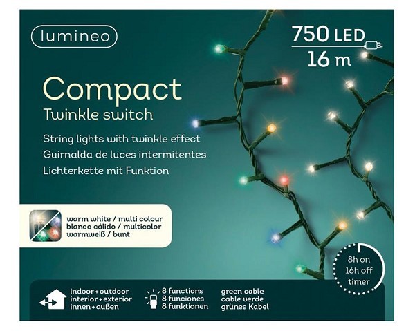 Lumineo LED compact lights twinkel 750L 1600cm colour changing. 8 functie twinkel effect en 8 uur timer