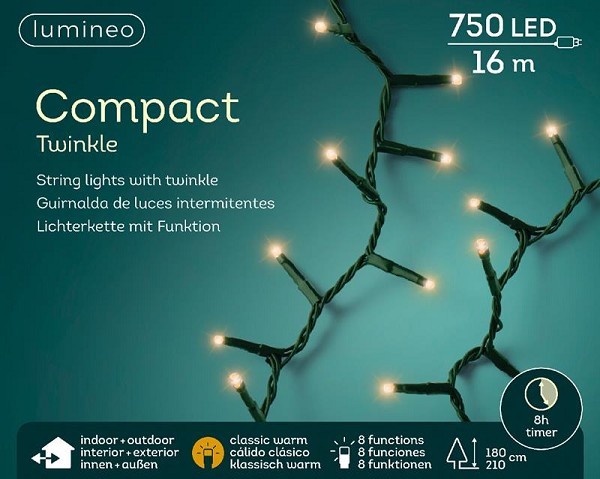 Lumineo LED compact lights twinkel effect 750L 16m, 8 functie twinkel effect, 8uur timer- Voor binnen en buiten