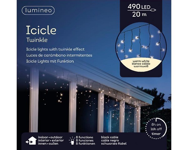 Lumineo LED icicle lights twinkle buiten zwart/warm wit 2000cm-490L