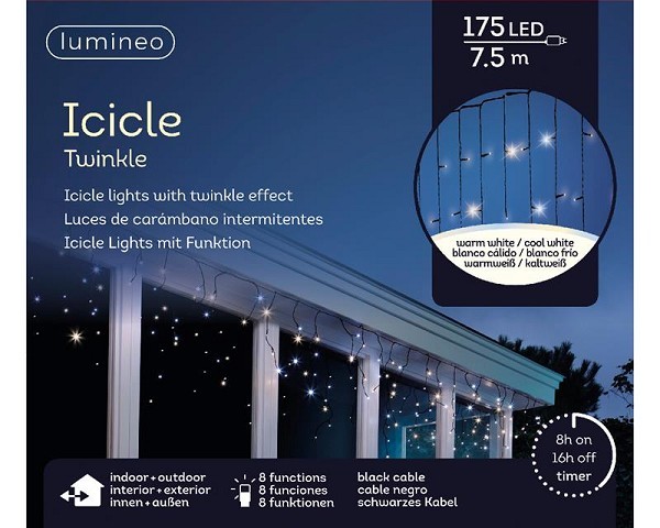 Lumineo LED icicle verlichting 175L 7.5m.  8uur timer en 8 functie twinkel effect lamp kleur warm wit EN koel wit