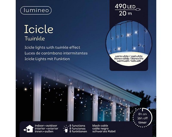 Lumineo LED icicle verlichting 490L 20m.  8uur timer en 8 functie twinkel effect lamp kleur warm wit EN koel wit