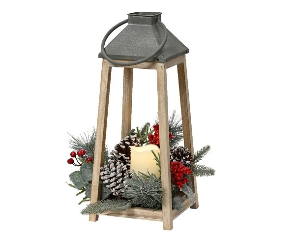 Lumineo LED lantaarn vurenhout met wax kaars en kerststukje- H36cm B15,5cm