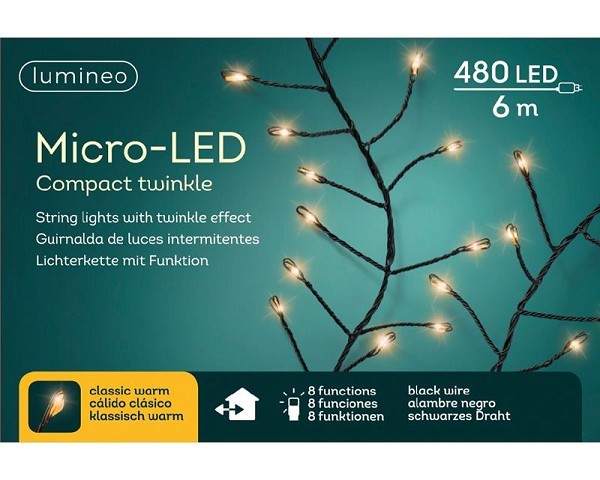 Lumineo Micro LED compact met lights 480l-6m, 8 functie twinkel effect Klassiek warm