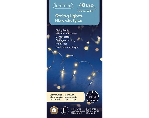 Lumineo Micro LED draadverlichting 195cm-40L zilver/warm wit