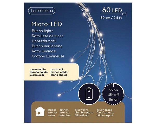 Lumineo Micro LED draadverlichting cascade 80cm-60L 10snoeren met 6 lamps zilver/warm wit