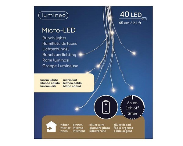 Lumineo micro LED draadverlichting cascade  Bosje van 8 snoeren van  65cm-40LED zilver/warm wit