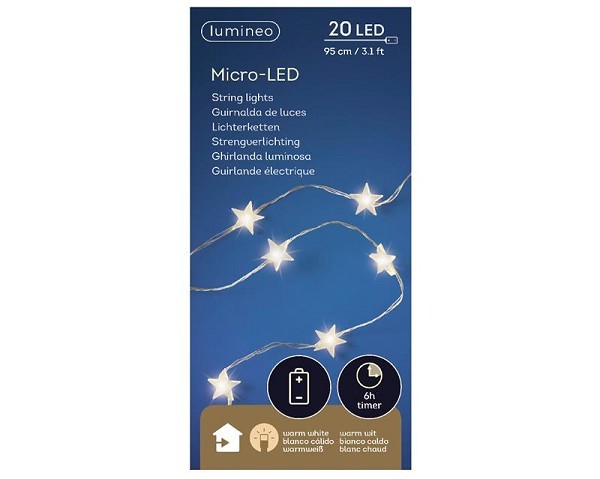 Lumineo micro LED verlichting ster zilver/warm wit 95cm-20L op batterij