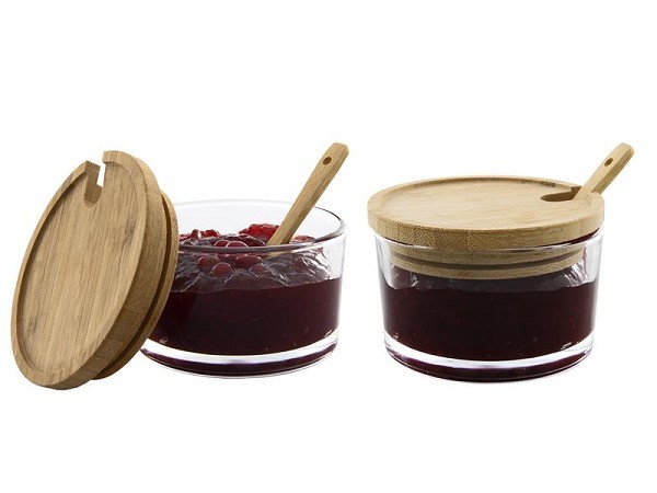 Marmelade potjes met bamboe deksel + lepel set a 2 stuks