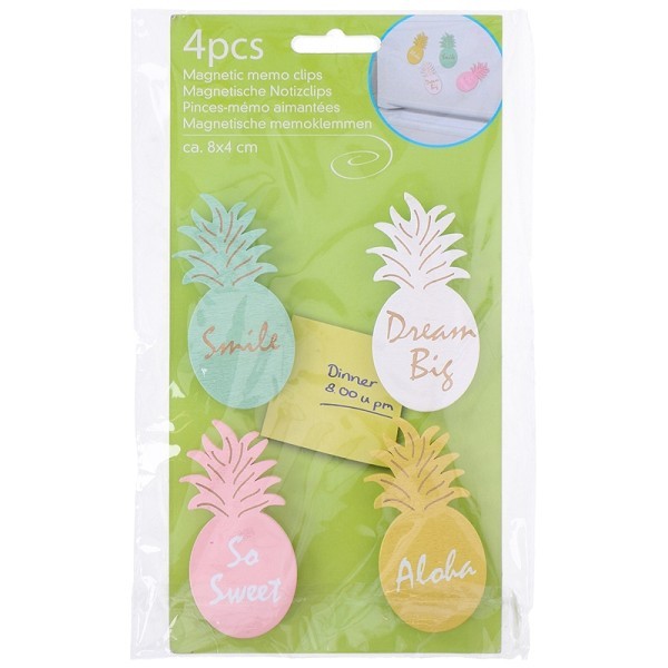 Memo magneet clips ananas 8x4cm 4 stuks