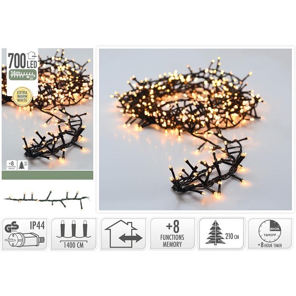 Microcluster Kerstverlichting 700 led 14m extra warm wit met 8 uur timer en 8 functies